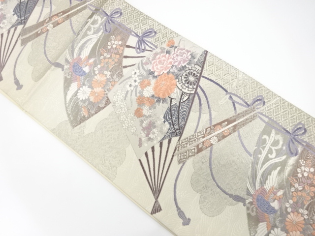 扇に鳳凰・花車模様織り出し　袋帯